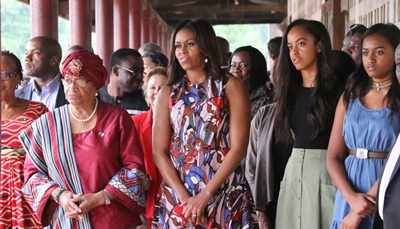 President Sirleaf and Mrs. Obama upon arrival at the R. S. Caulfield School in Unification Town